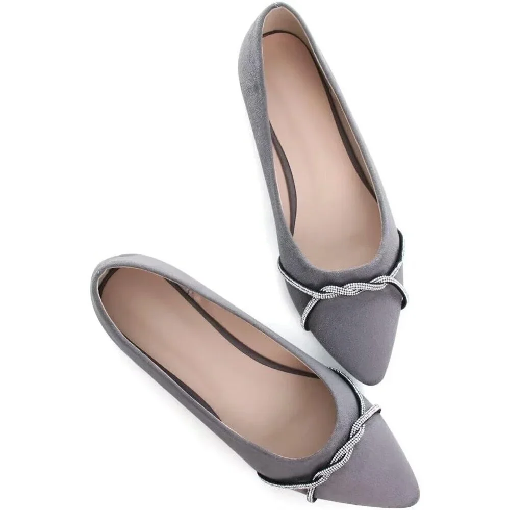 Women's Grey Casual Flats Fashion Chain Pointed Toe Ballet Flat Rhinestone